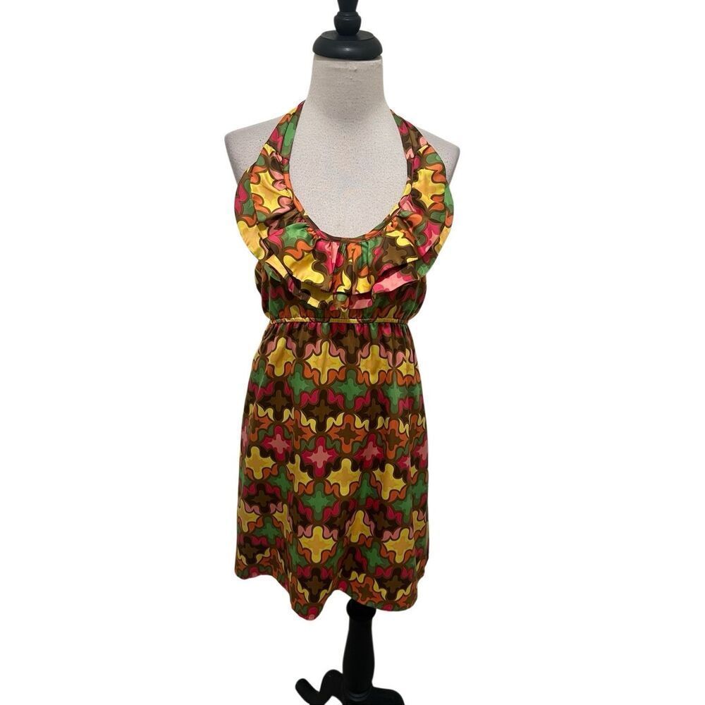 Judith March Women's Retro Ruffle Open Back Halter Dress Multicolor Small